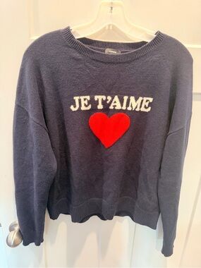 Express Je T’aime Heart Sweater Medium Navy French Graphic Knit Pullover